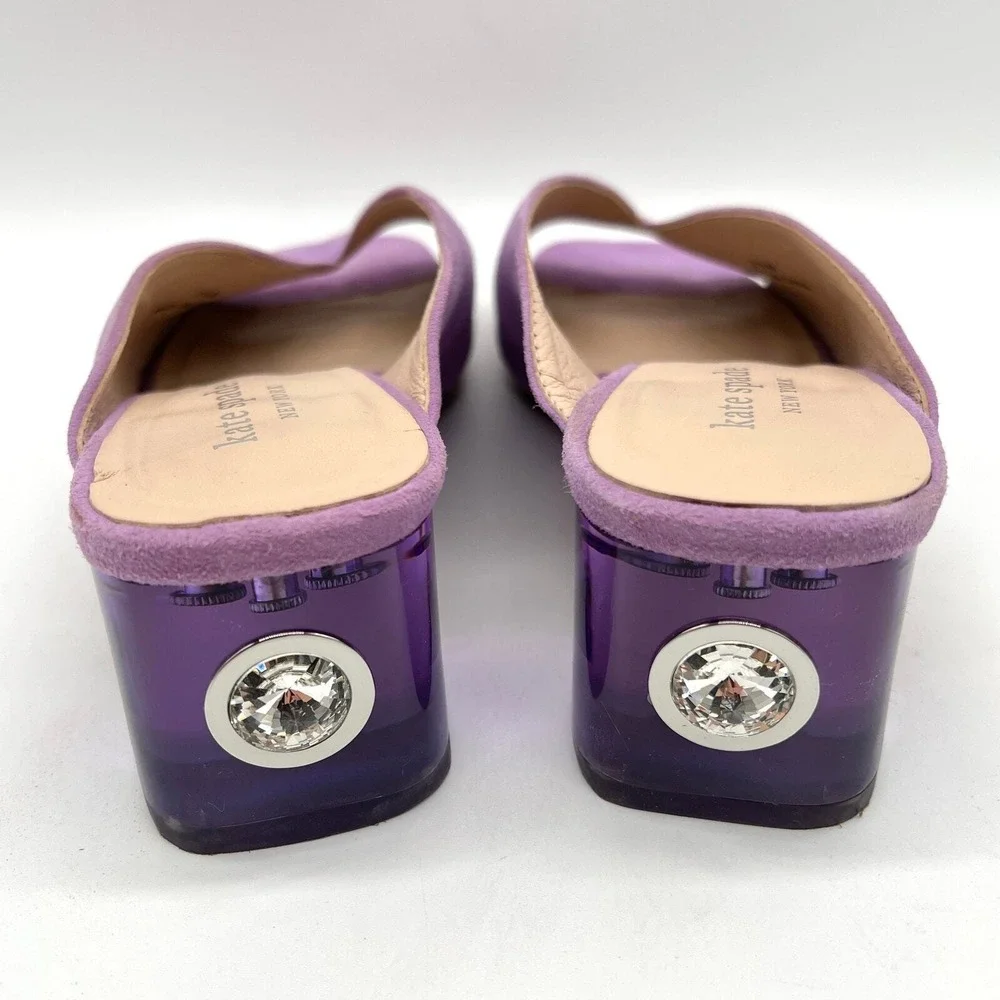 Kate Spade Mules Women 5.5 Purple Suede Lucite Block Heel Crystal Detail